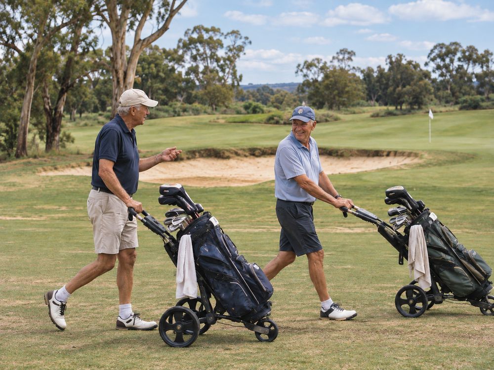 Two golfers in their seventies walking a fairway with hand buggies, talking as they go